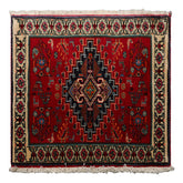 Square Red, Ivory, Navy Color Hand Knotted Abadeh Wool Traditional Oriental Rug